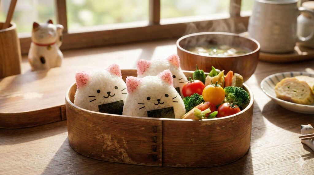 「アーネスト『にゃんこおにぎりセット』をイメージした可愛い猫型おにぎりの完成図」