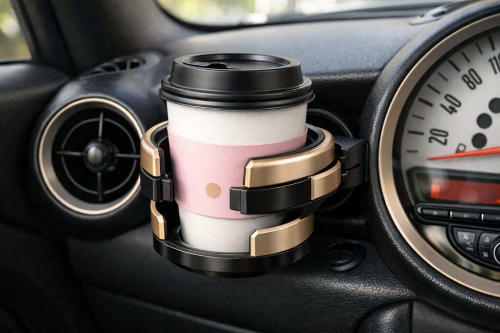 BMW MINI R56のエアコン吹き出し口に設置された専用ドリンクホルダーの装着例