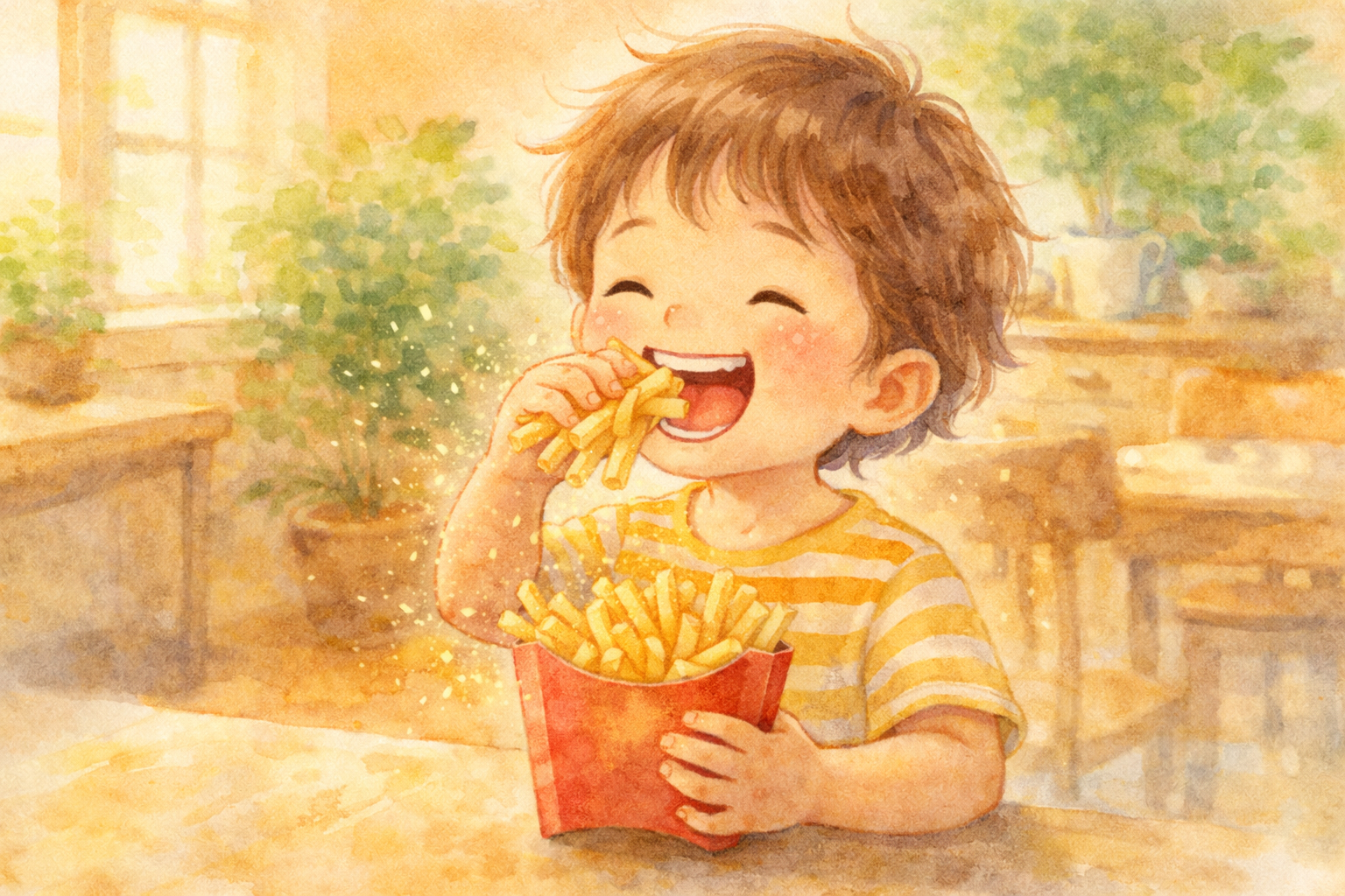 フライドポテトを美味しそうに食べて笑顔になっている子供のイラスト