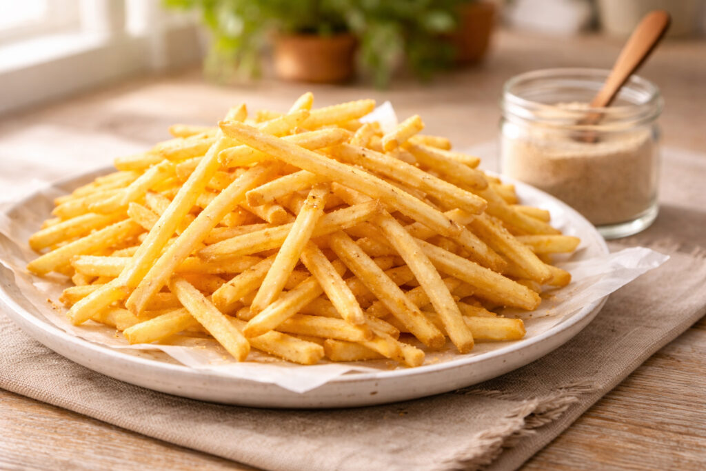 白いお皿に盛り付けられたフライドポテトと、小瓶に入ったベージュ色の魔法の粉。マックのハッピーターン味をイメージ。